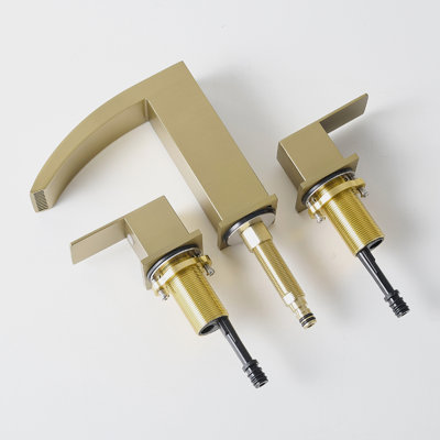 8 Inch Widespread 3 Hole Bathroom Vanity Faucet, Stainless Steel, Brushed Gold, Double Lever Handles, Cartridge Valve Steel Sink Faucet With Gold Finish, Side , Valve, Contemporary Style