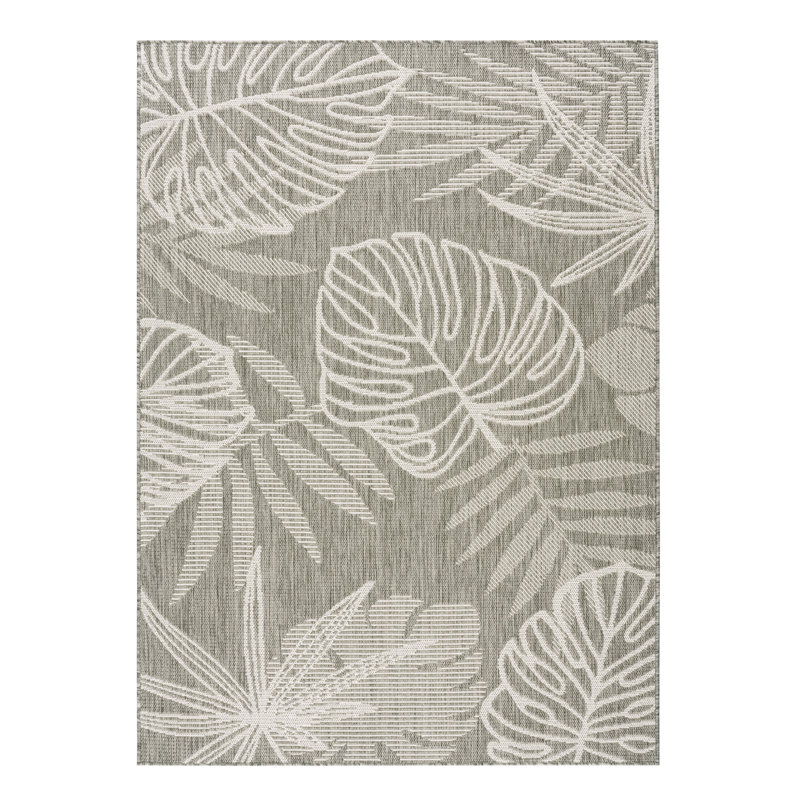 Tropical Leaf UV Resistant Woven Indoor Outdoor Rug Ivory/Gray, Rectangle 5' x 7', Ivory/Gray