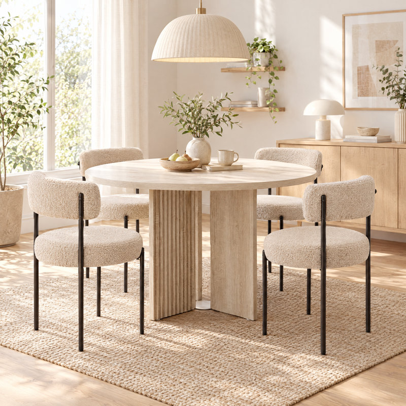 5-Piece Modern Round Dining Table Set With 4 Boucle Upholstered Chairs, White, Beige