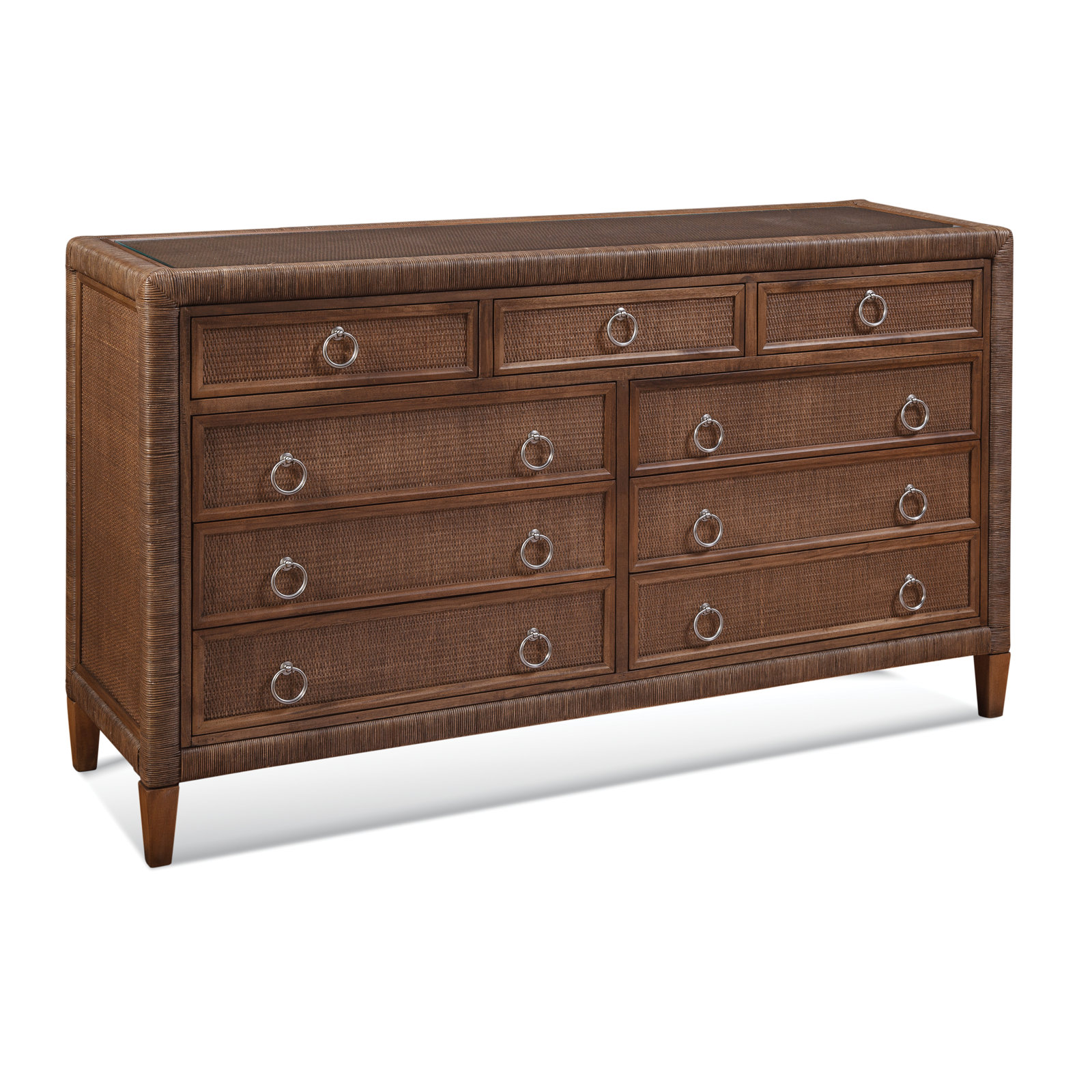 Warwick 9 Drawer 64" W Rattan Double Dresser, Satin Nickel, Aged Barrel