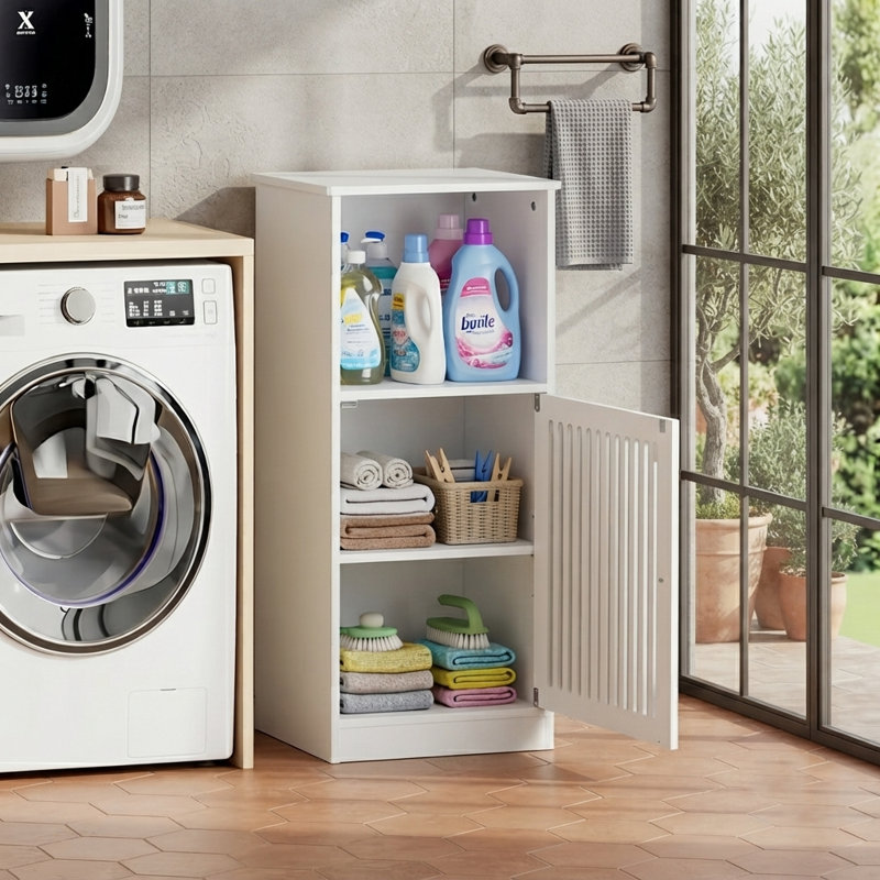 Armoire d'appoint moderne avec portes à persiennes, armoire de rangement en bois aggloméré résistante à l'humidité avec tablettes pour le vestibule et la cuisine