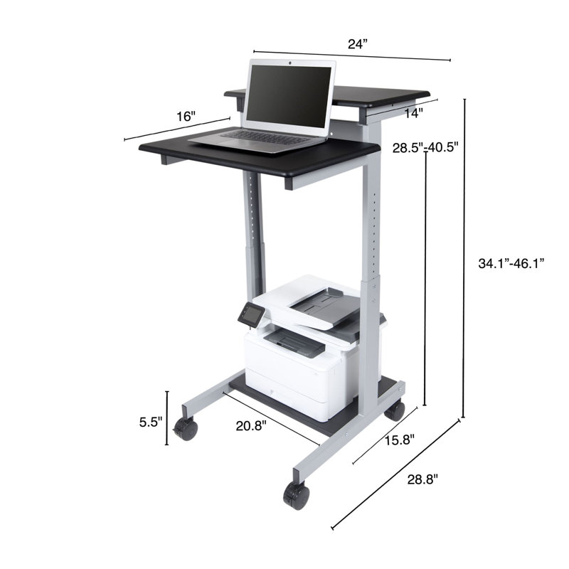 Adjustable Metal Base Standing Desk, Black/Silver, 46.1" H x 24" W x 28.8" D