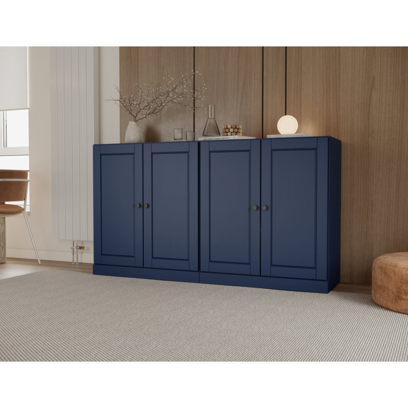 Buffet 100% bois massif 64 po avec portes solides, 4 tiroirs et tablettes réglables, Marine