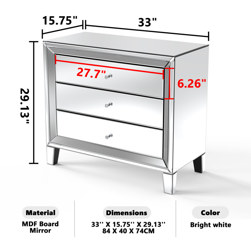 Yolanta 33" Mirrored Glass Nightstand with 3 Storage Drawers