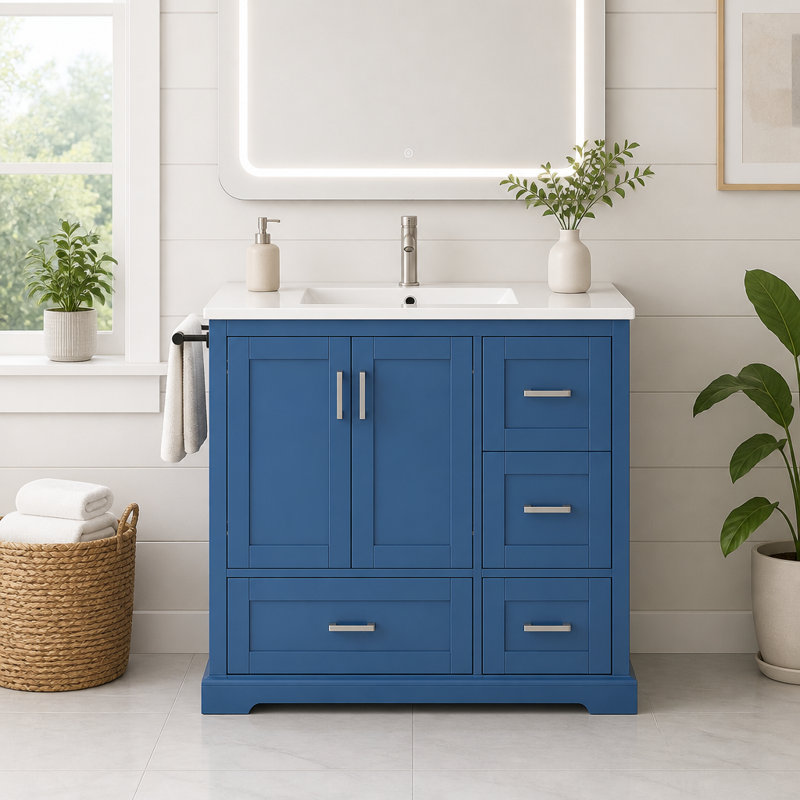 Meuble-lavabo de salle de bain avec lavabo en céramique, 4 tiroirs et portes à fermeture en douceur, Navy Blue