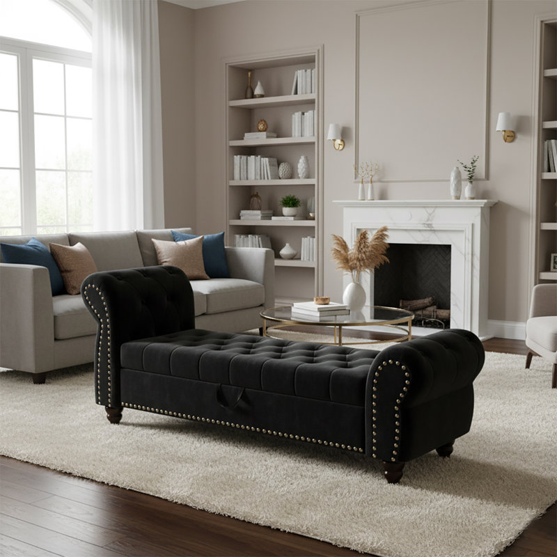 Elegant Stylish Velvet Upholstered Storage Bench with Solid Rubberwood Legs, Khaki