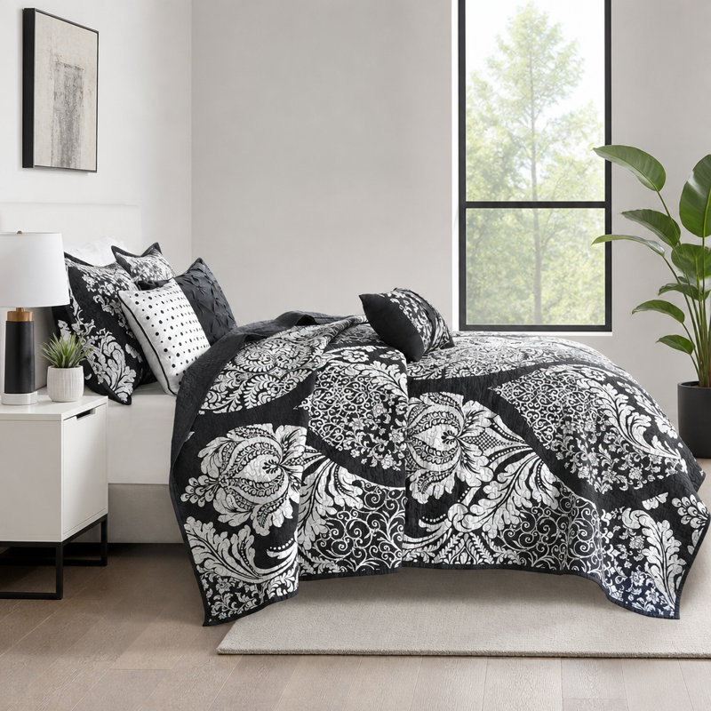 Ensemble de courtepointe en coton 6 pièces avec coussins décoratifs 6 pièces noir