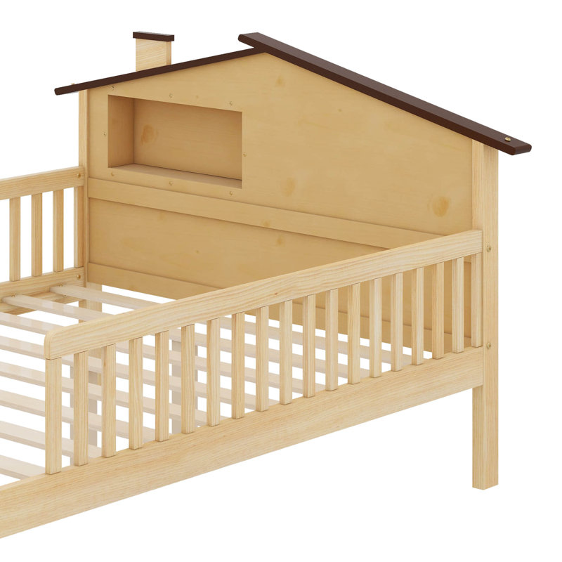 Lit plateforme en bois avec tête de lit en forme de maison, rangement intégré et DEL, Lit double, Naturel