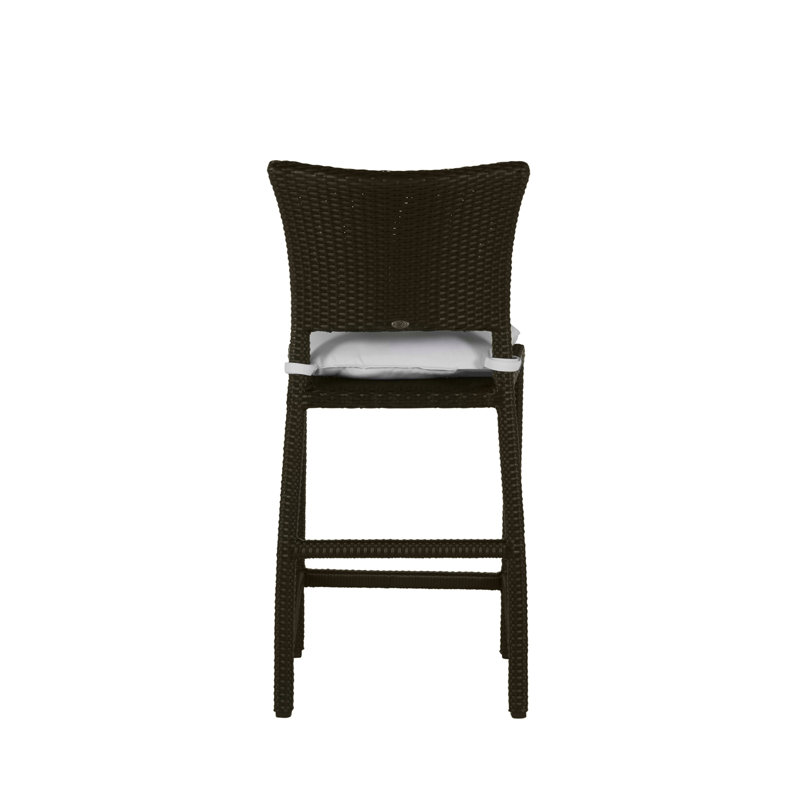 Skye 24" Patio Bar Stool with Cushion, Welt, Arbor Chambray Dove Sunbrella®, Black Walnut