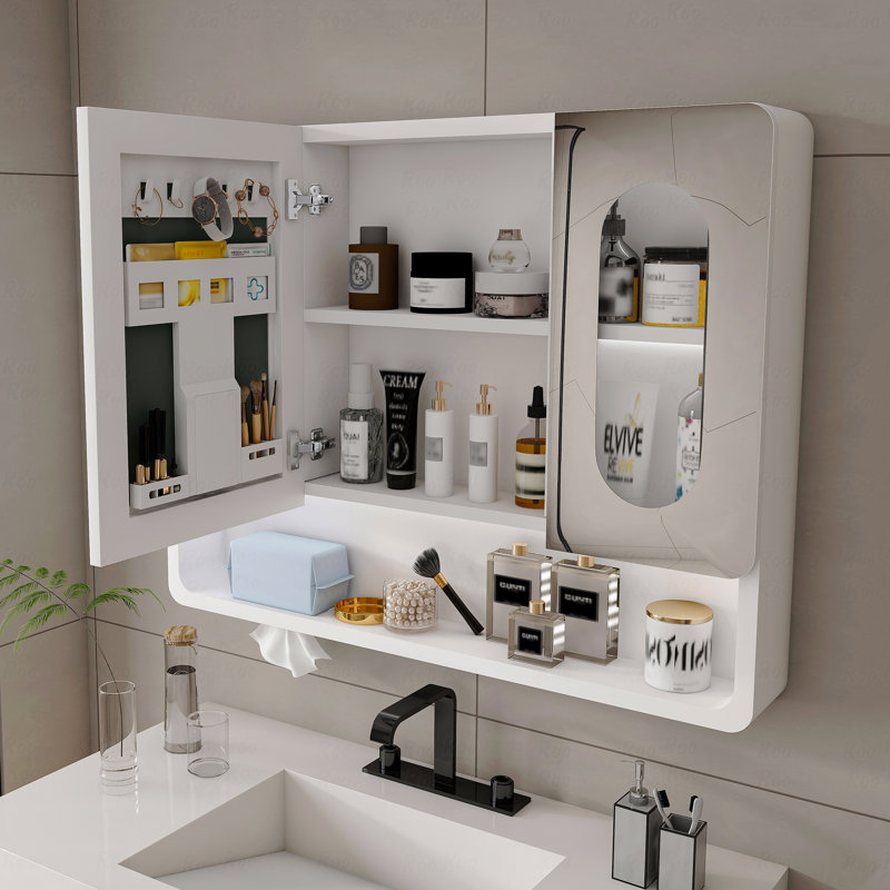 Armoire de toilette murale à miroir avec lumières DEL, antibuée, commande tactile, éclairage 3 couleurs et rangement en verre transparent