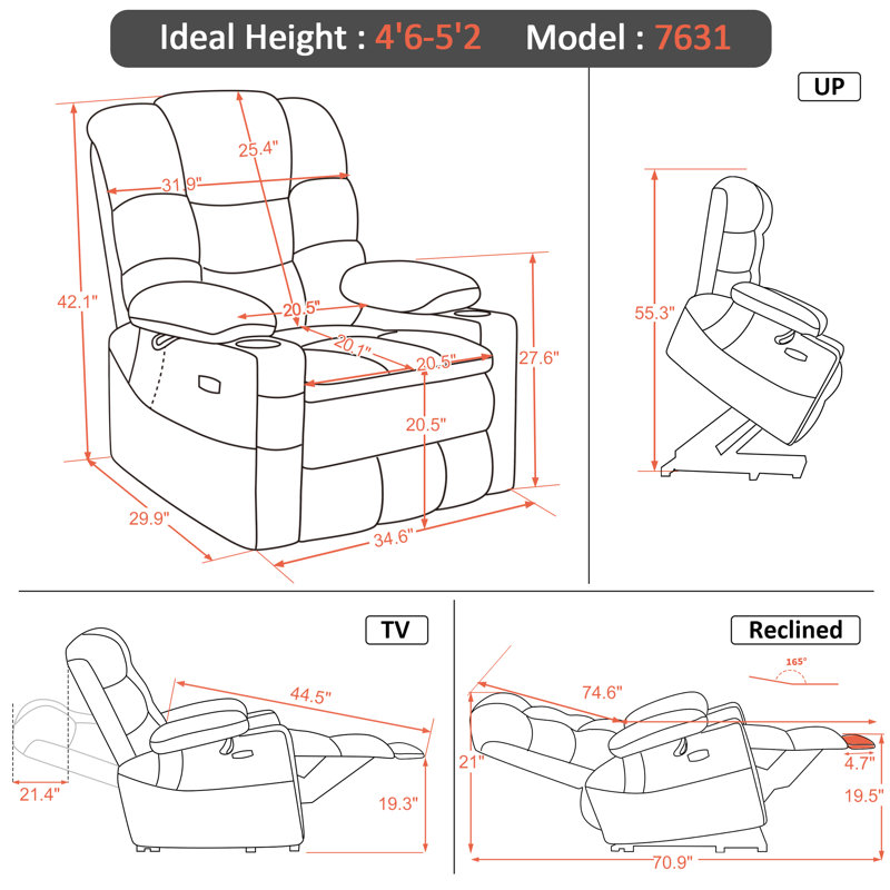 Petit fauteuil inclinable électrique à double moteur avec massage et chaleur, appui-tête réglable, Café