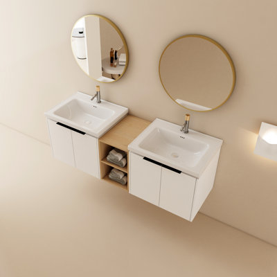 Modern Bathroom Vanity 60 Inch With Ceramic Basin And Storage - Sleek Style Double Basins Shelves Look