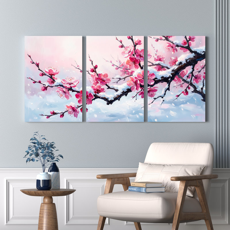 Ensemble de 3 tableaux sur toile représentant des branches enneigées et des fleurs de cerisier, pour la décoration du salon, de la chambre et de la maison.