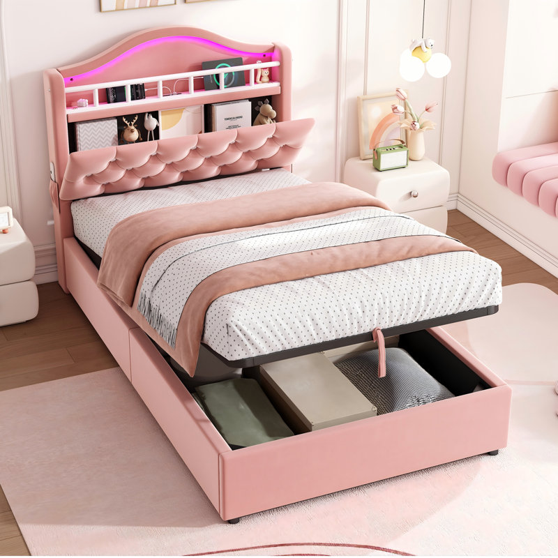 3ft Ottoman Bed With Led And  Storage Headboard Velvet, Pink