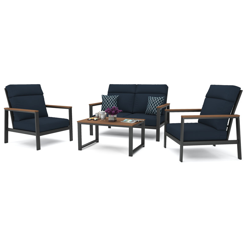 Ensemble de conversation pour 4 personnes avec coussins Sunbrella® Mehar, Toile bleu marine, Gris foncé / brun