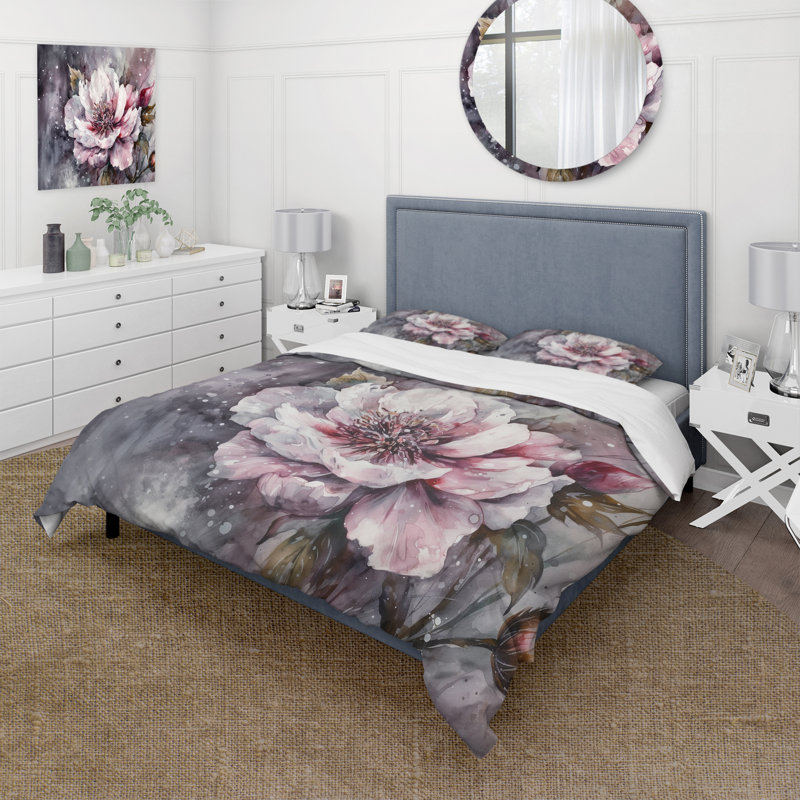 Ensemble de housse de couette pivoines roses et vertes sur branche I, Housse de couette pour grand lit et 2 taies décor