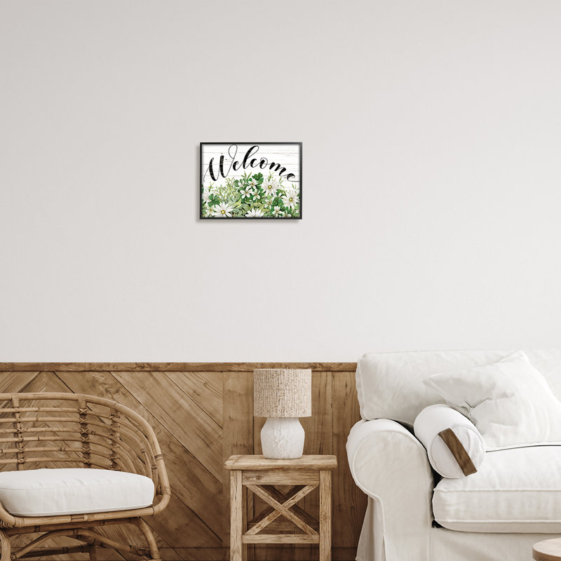 «Welcome Rustic Planked Sign White Flower Blossoms» par Cindy Jacobs - cadre flottant, impression sur toile