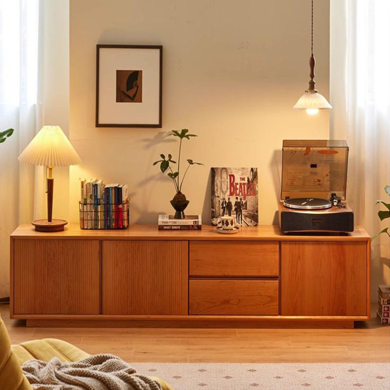 Meuble télé en bois de cerisier avec grand espace de rangement, H 17,71 po x L 82,67 po x l 15,74 po