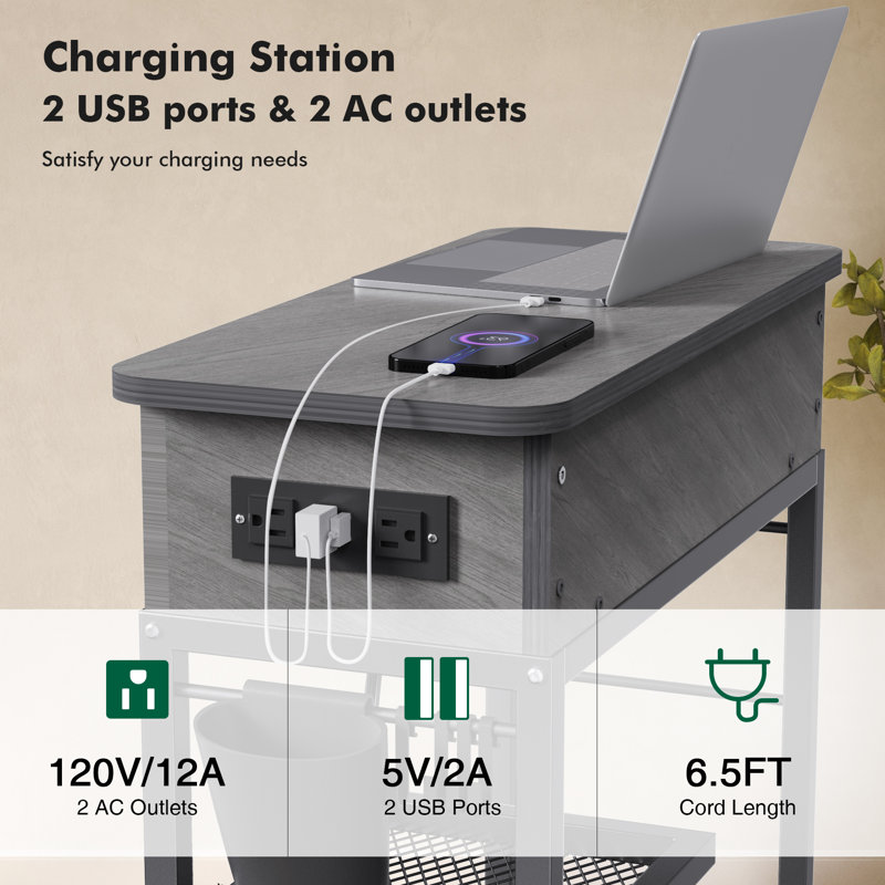 Lift Top End Table with Charging Station, Gray