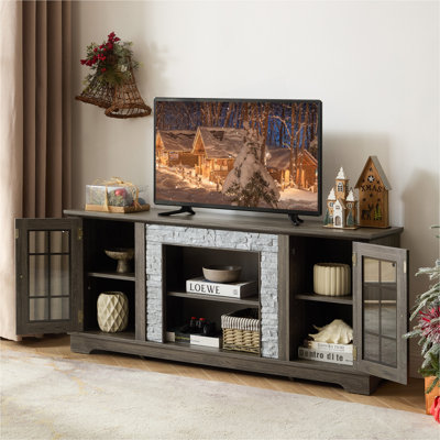Console de divertissement moderne avec espace de rangement ouvert, console média en fausse pierre