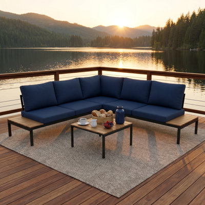 6-Piece Dark Blue Outdoor Patio Furniture Set - American Design Sofa Set with Tempered Glass Coffee Table