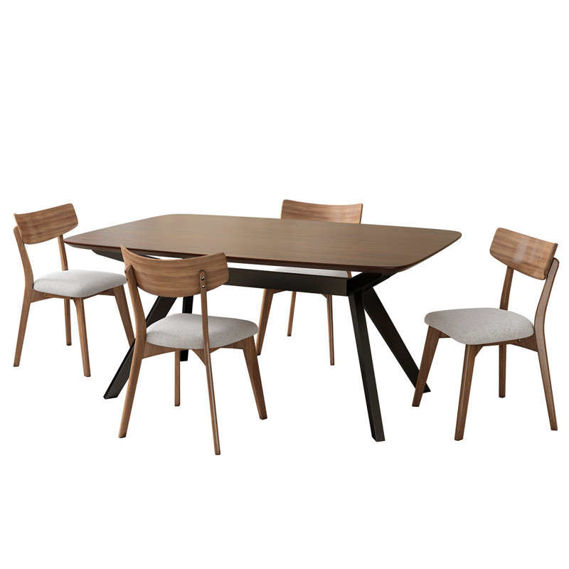 Ensemble de salle à manger rembourré 5 pièces avec structure en bois d'hévéa, beige clair + noyer + noir, Beige clair