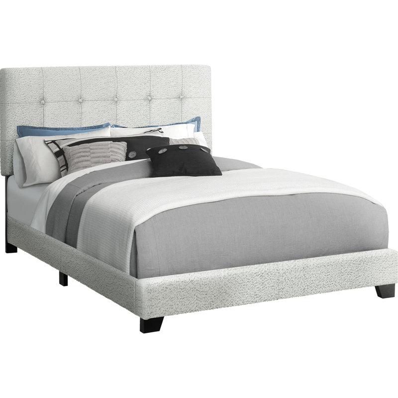 Full Size Upholstered Bed Frame With Grey Boucle, Transitional Style, Black Block Feet, Wood Frame, Button - Headboard, Comfort Padding, Effortless Assembly Boucle Solid Structure, Low Profile,