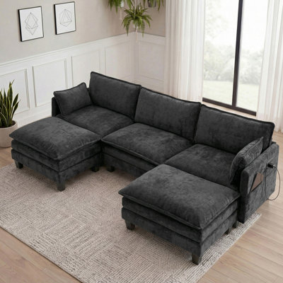 Ensemble de canapé moderne en chenille noire, canapé 3 places avec repose-pieds individuel assorti, mobilier de salon modulaire avec ports USB intégrés et poches latérales.