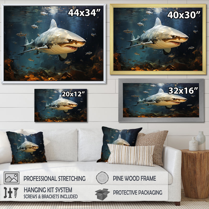 Underwater Shark Attack II - Sharkwall Art, Black Closed Corner Framed, 24" H x 32" W x 1" D