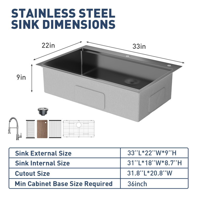 33 x 22 x 9 Inch Drop-In Kitchen Sink, Single Bowl Topmount w/ Pull-Out Faucet, Cutting Board, Dish/Drying Rack, Black