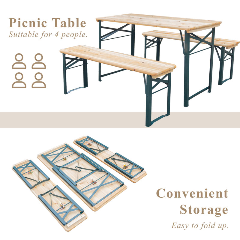 Picnic Table Bench Set of 3, Foldable Wooden Picnic Table with Benches, Outdoor Dining Table with Metal Frame, Picnic Folding Table for Patio, Lawn, Garden