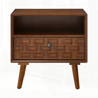 Mid-Century Modern Wood Nightstand with Carved Geometric Drawer Front, 1 Drawer and Open Shelf, Solid Wood Legs, Bedside Table for Bedroom
