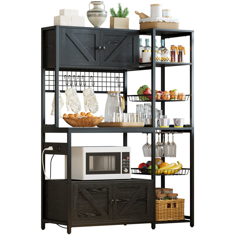 Bakers Rack With 2 Storage Cabinets And Power Outlet, 45.3 Inch Industrial Coffee Bar Cabinet Shelves, Kitchen Microwave Stand With Storage, Vintage Black
