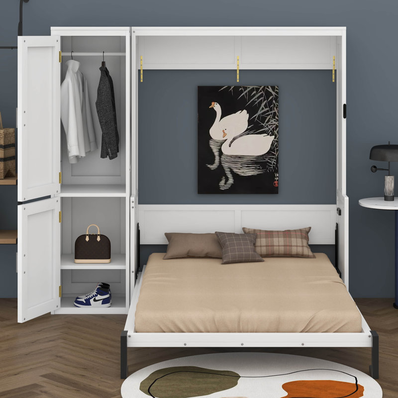 Grand lit escamotable avec garde-robe et bureau, lit escamotable mural peu encombrant avec vérin à gaz, station de recharge pour petits espaces