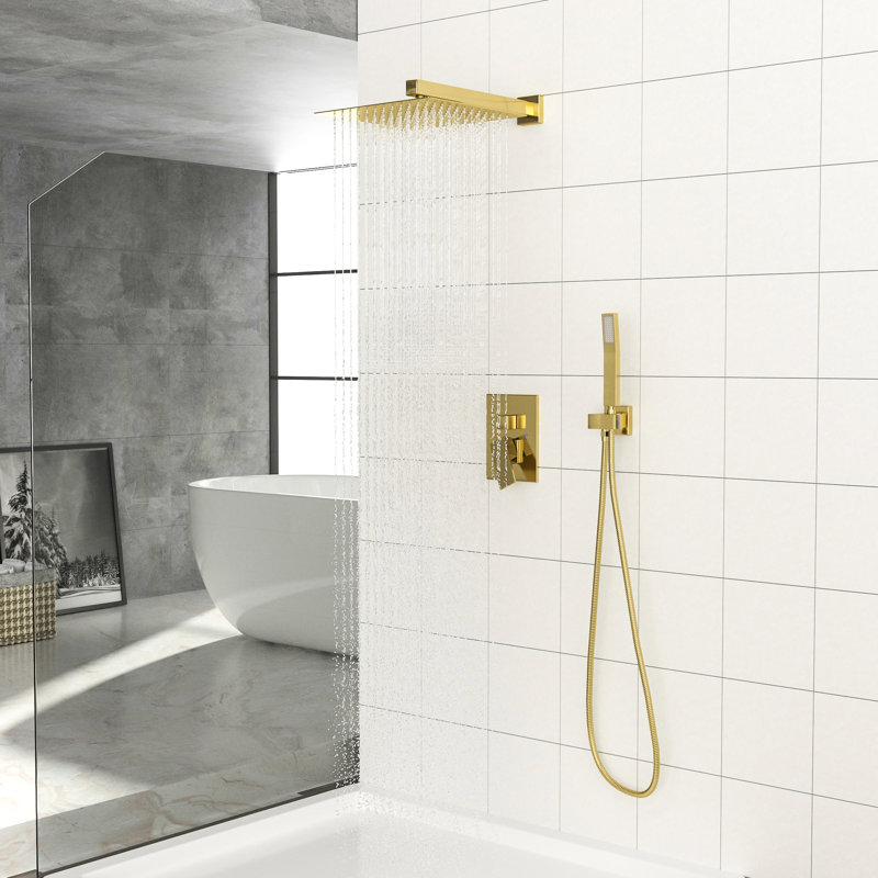 10 Inch Wall Mounted Shower System - Gold Square Dual Head With Easy Clean Nozzle And Handheld Spray Mount Valve 360 Adjustable Showerhead