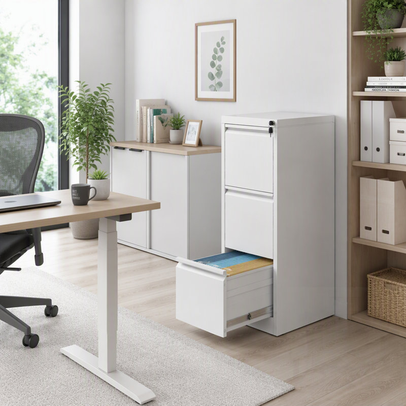 Classeur vertical métallique à 3 tiroirs avec serrure pour formats A4, légal et lettre : solution de rangement de bureau durable et peu encombrante.