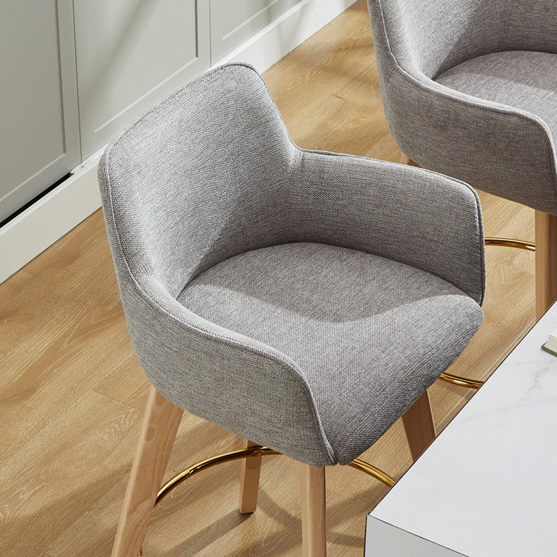 Lovetro Swivel Full Back Arms Upholstered 26.6"H Counter Stool with Solid Rubberwood Frame and Gold Footrest, Gray