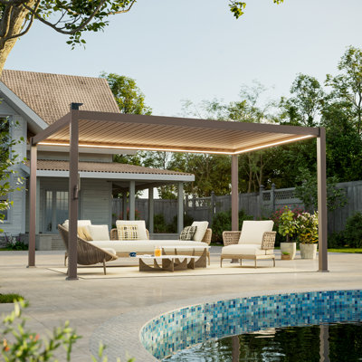 Solar LED Metal Pergola with Adjustable Louvered Roof, All-Weather Outdoor Patio Pergola with Water Drainage System, Heavy Duty Backyard Deck Garden Pool Shade Structure