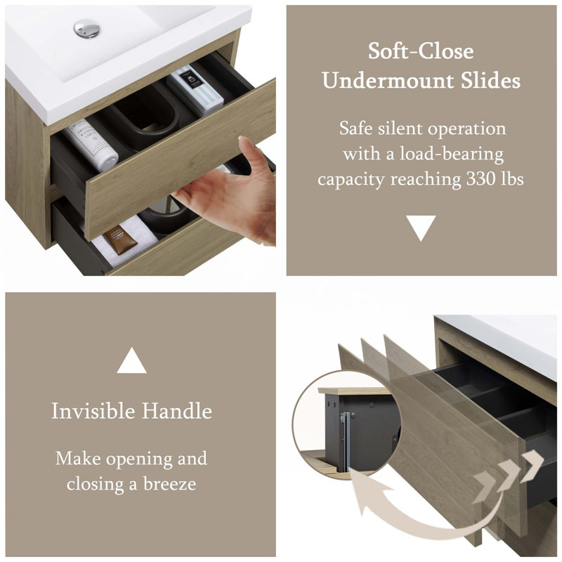 Meuble-lavabo flottant avec lavabo, Chêne, 24"