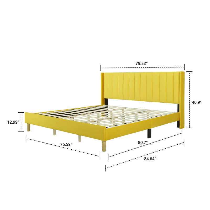 Lit plateforme tapissier avec tête de lit à oreilles Eriksay, Velours jaune, Très grand