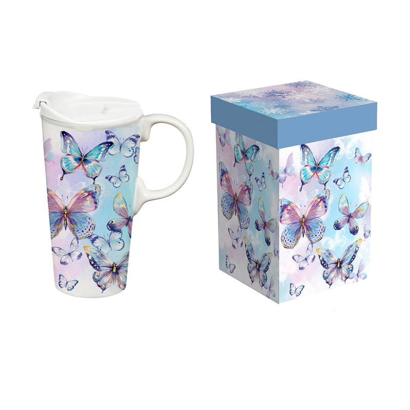 Tasse à café en céramique avec boîte-cadeau Sparkling Butterfly, 17 oz