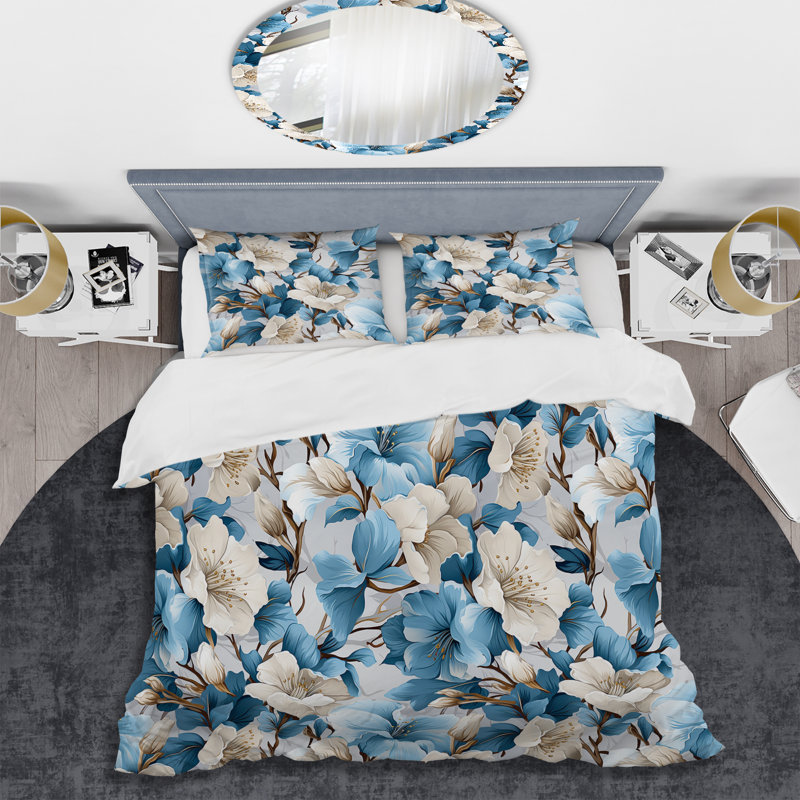 Ensemble de housse de couette à motif floral blanc et bleu Bliss, Housse de couette pour très grand lit et 2 très