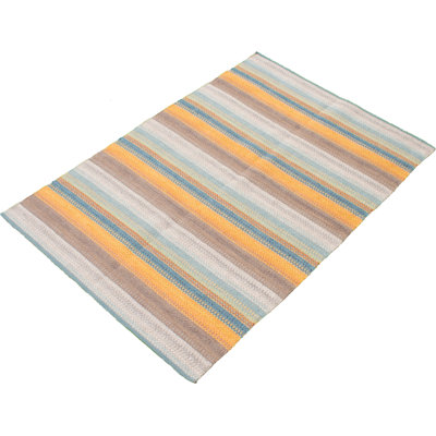 Tapis géométrique en laine bleu clair / orange / ivoire Kilim