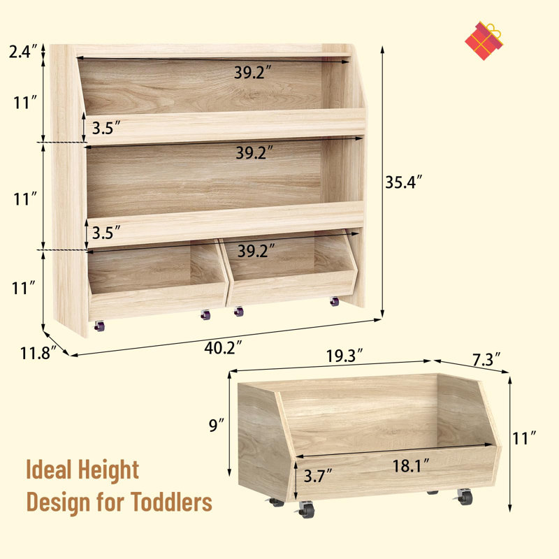 3-Tier Toy Storage & Organizer Bookshelf with Cubbies & 2 Removable Drawers - Kids Room Multi-Functional Storage Solution