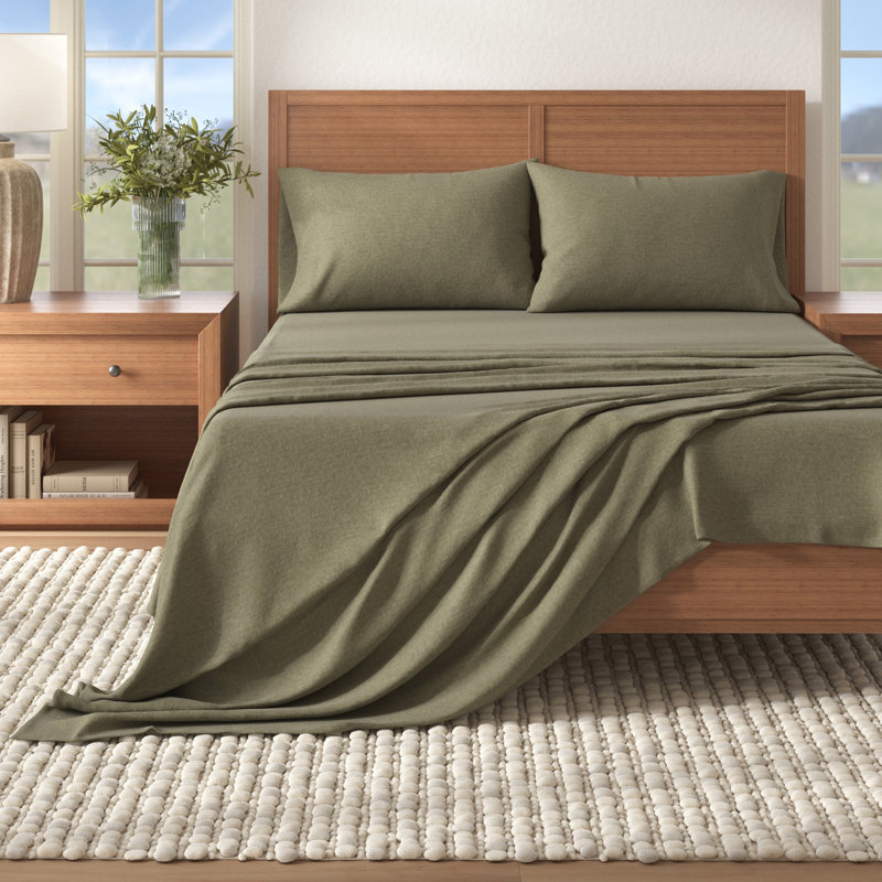 Ensemble de draps en flanelle de coton mélangé Raye, Grand, Olive chiné