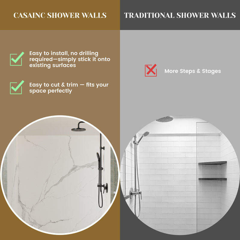 60"W 75"H Marble Textured Glue-Up SMC Shower Wall Panel Surround, Quick Install, 75" H x 60" W x 36" D
