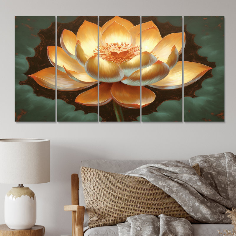 Golden Blooming Retro Lotus - Lotus Wall Art Living Room - 5 panneaux égaux