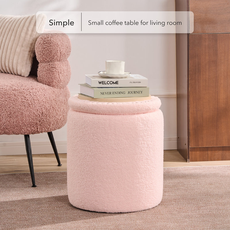Round Ottoman With Storage Set Of 2, Pink Teddy