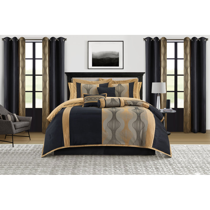 Ensemble d'édredon en microfibre 15 pièces Kath, Or noir, Très grand édredon + 14 pièces supplémentaires