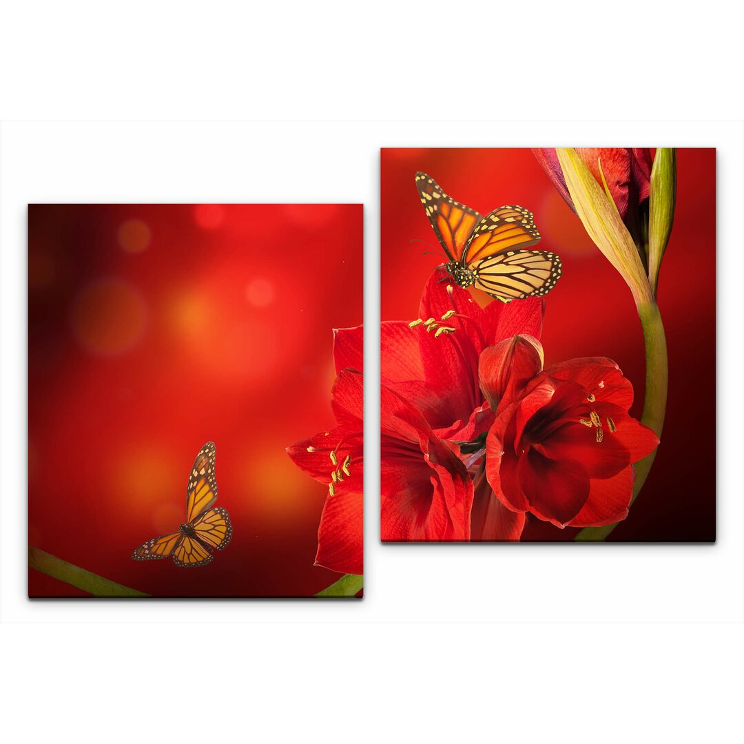 2-tlg. Leinwandbilder-Set Blume mit Schmetterling